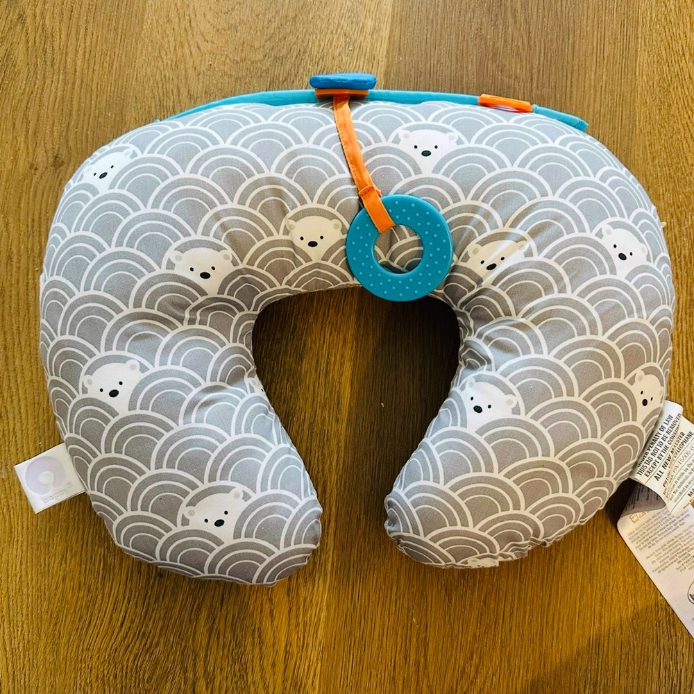 Boppy Gray and White Tummy Time Baby Pillow with Teether Toy Attached